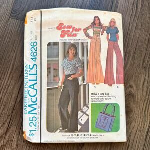 Vintage 1970s McCalls 4626 Sewing Pattern Size XXS Top Flare Pant Purse COMPLETE